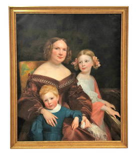 Sophie Fremiet Rude, (French, 1797-1867): Sophie Fremiet Rude, (French, 1797-1867) Portrait of a Mother and Two Children Dated: 1840 Oil on Canvas Signed Sophie Rude and dated (upper right) Measure 39 1/2 x 32 inches painting and