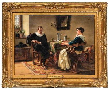 Albert Friedrich Schroder (1854 - 1939) Germany: Albert Friedrich Schroder (1854 - 1939) Germany Title: The Proposal Considered Oil on Panel Measure 11 3/8"in H x 15 3/8"in W and 20"in H x 16"in W with frame Known for: Figure, portrait and