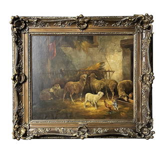 Antique Italian Painting by P Bassani: Antique Italian Painting by P Bassani Title: Dans L'etable Oil on Canvas Measure 30 1/4"in H x 34 3/4"in W and 21 1/4"in H x 25 3/4"in W x 3 1/2"in D with frame