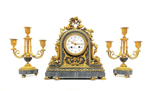 French Gilt Bronze and Blue Turquin Marble Clock