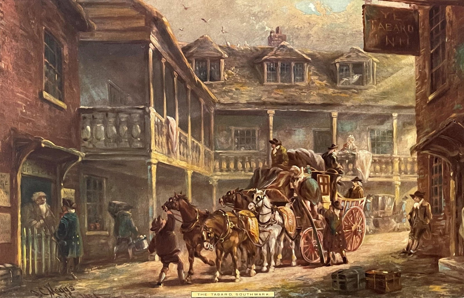 John Charles Maggs (1819 - 1896) England: John Charles Maggs (1819 - 1896) England Title: The Tabard Southwark Print Measure 10 3/4"in H x 16 3/4"in W Known for: Coach, horses and carriage scene genre painting, city and rural buildings Biogra