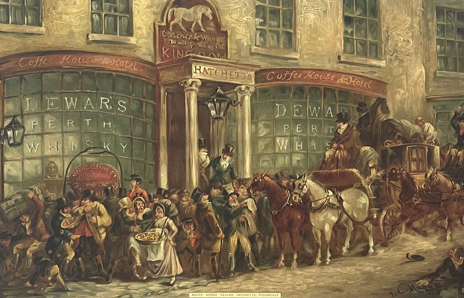 John Charles Maggs (1819 - 1896) England: John Charles Maggs (1819 - 1896) England Title: White Horse Cellar Hatchetts, Piccadilly Print Measure 10 3/4"in H x 16 3/4"in W Known for: Coach, horses and carriage scene genre painting, city and ru