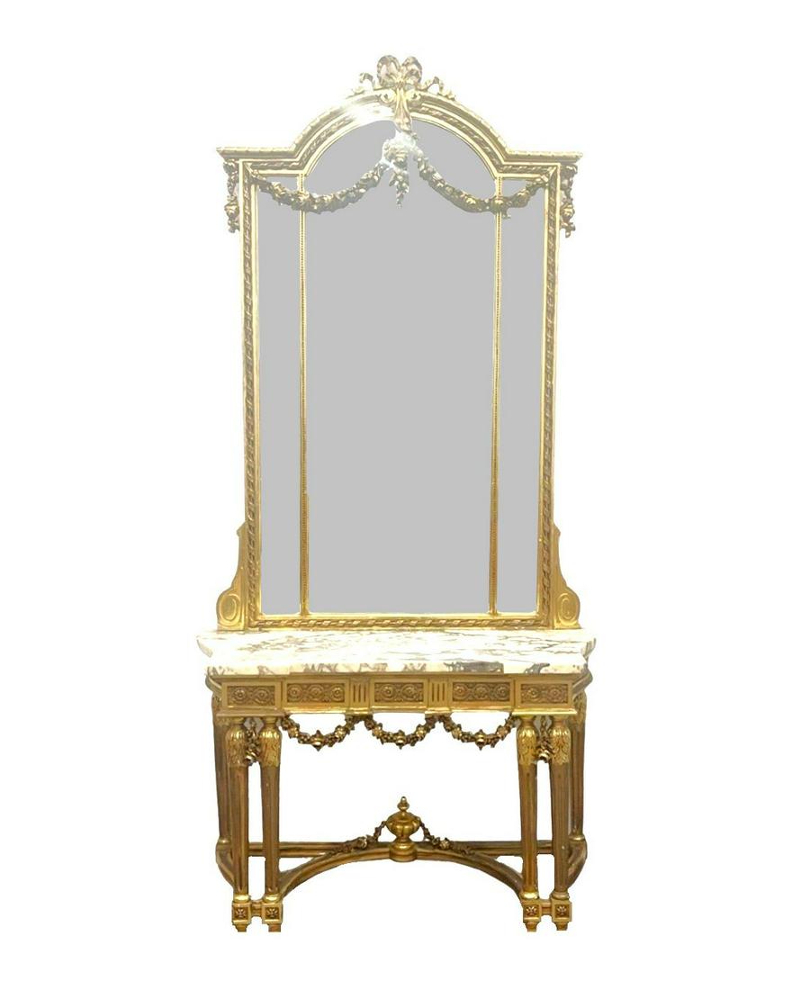 French Hand Carved Marble Top Console with Mirror (1 of 5)