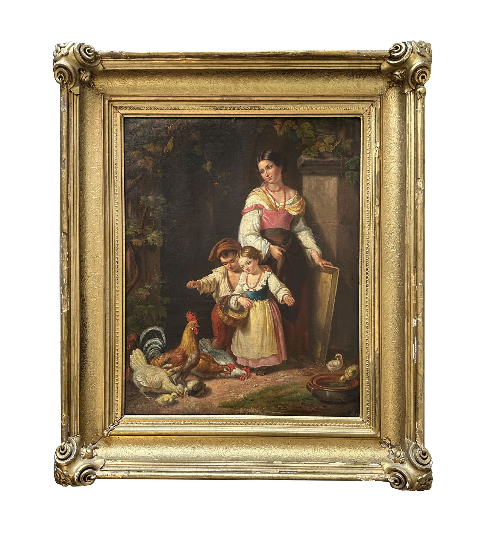 Giuseppe Mazzolini (1806 - 1876) Italy: Giuseppe Mazzolini (1806 - 1876) Italy Oil on Canvas Title: Genre Scene, Mother with children feeding chickens Measure 25"in H x 20"in W and 34"in H x 29"in W with frame Known for: Portrait and Old Ma