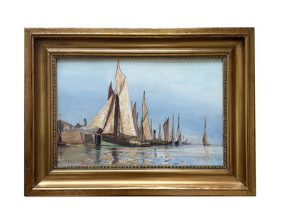 Robert Swain Gifford (1840 - 1905) American: Robert Swain Gifford (1840 - 1905) American Oil on Board Measure 10 1/2"in H x 16"in W and 15 1/2"in H x 21"in W with frame Known for: Etching, landscape and marine painting, Orientalism Biography: Bo