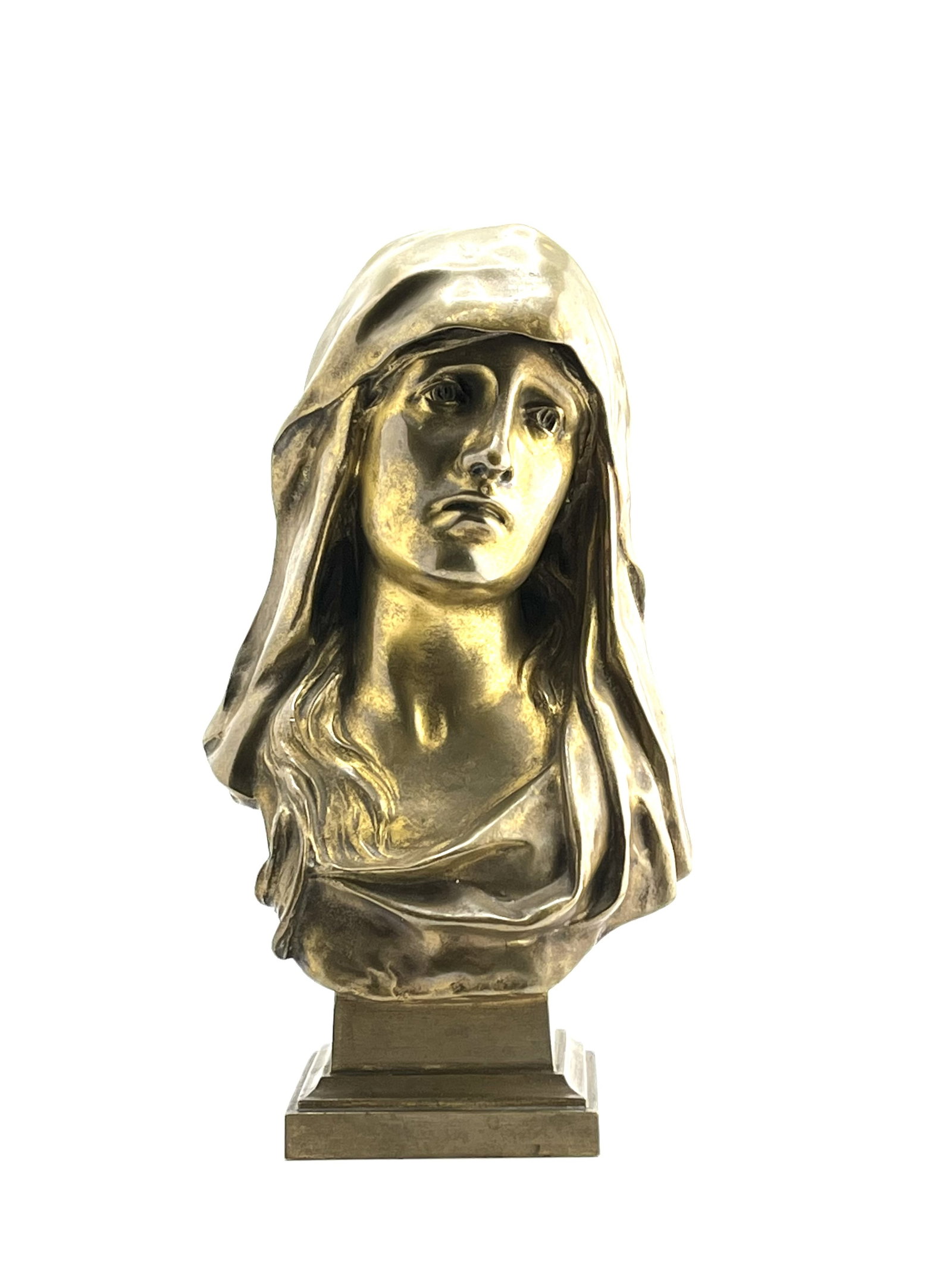 Eugene Marioton (1857 - 1933) France: Eugene Marioton (1857 - 1933) France Title: Bust of the Madonna Bronze Bust Measure 9 1/4"in H x 3"in W x 3"in D Known for: Heroic figurative sculpture, portrait bust, medals Name variants: Eugene Mar