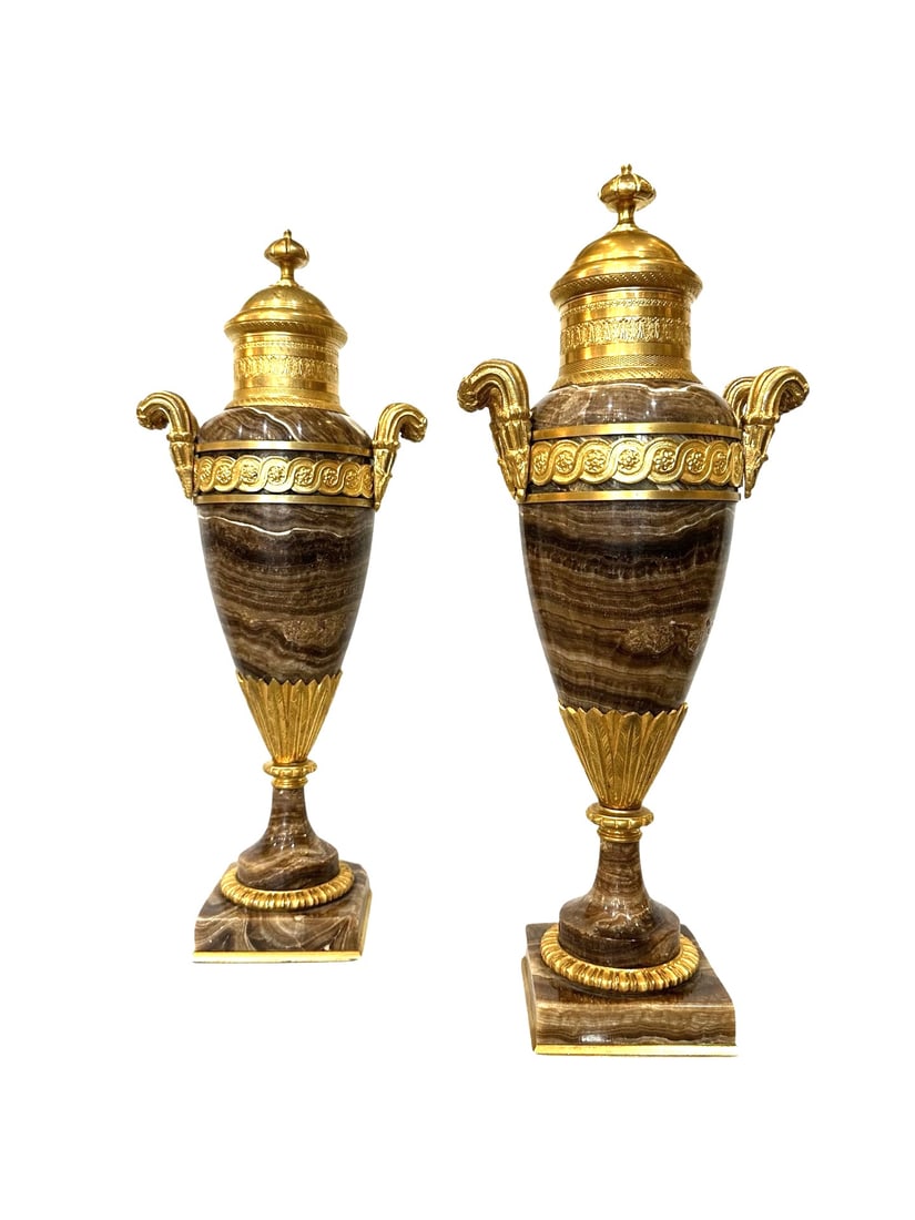 Pair of 19th Century  French Empire Gilt Bronze and Marble Urns - Vases (1 of 7)