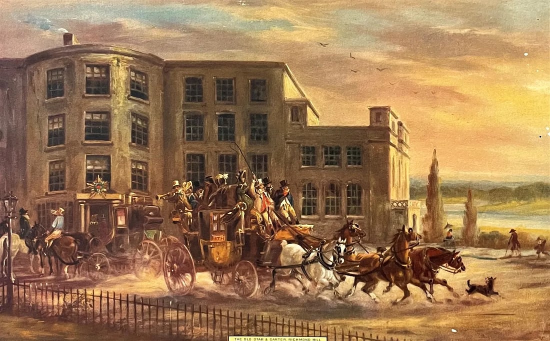 John Charles Maggs (1819 - 1896) England: John Charles Maggs (1819 - 1896) England Title: The Old Star & Garter, Richmond Hill Print Measure 10 3/4"in H x 16 3/4"in W Known for: Coach, horses and carriage scene genre painting, city and rural