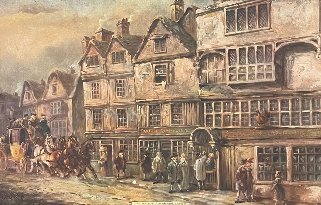 John Charles Maggs (1819 - 1896) England: John Charles Maggs (1819 - 1896) England Title: The Cock Tavern Bishopgate Street Print Measure 10 3/4"in H x 16 3/4"in W Known for: Coach, horses and carriage scene genre painting, city and rural bui