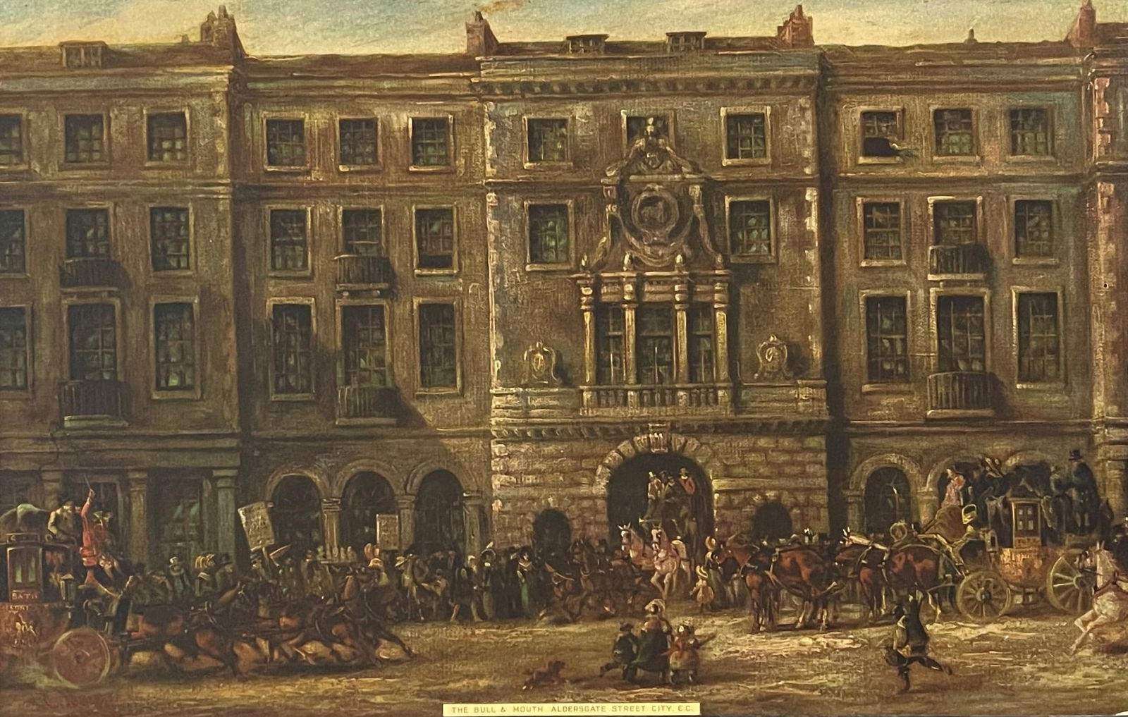 John Charles Maggs (1819 - 1896) England: John Charles Maggs (1819 - 1896) England Title: The Bull & Mouth Aldersgate Street City. E.C Print Measure 10 3/4"in H x 16 3/4"in W Known for: Coach, horses and carriage scene genre painting, city an