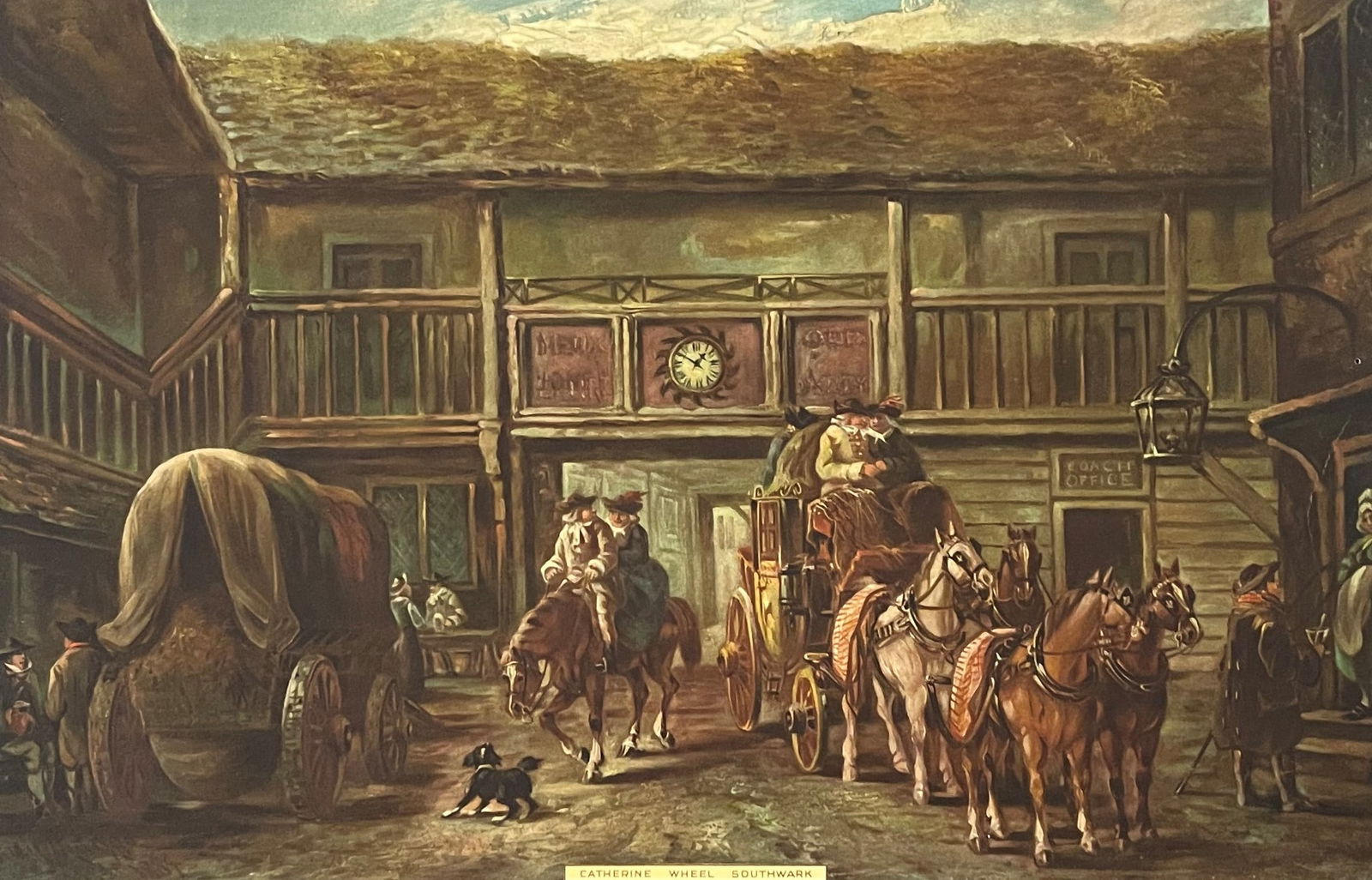 John Charles Maggs (1819 - 1896) England: John Charles Maggs (1819 - 1896) England Title: The Oxford Arms, Warwick Lane Print Measure 10 3/4"in H x 16 3/4"in W Known for: Coach, horses and carriage scene genre painting, city and rural buildin