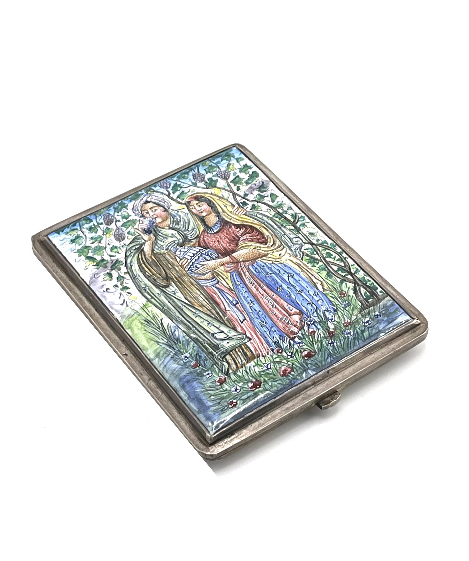 Enamel Decorated and Metal Cigarette Case: Enamel decorated and metal cigarette case, Ispahan, Iran 20th century Measure 3 1/4"in x 4"in