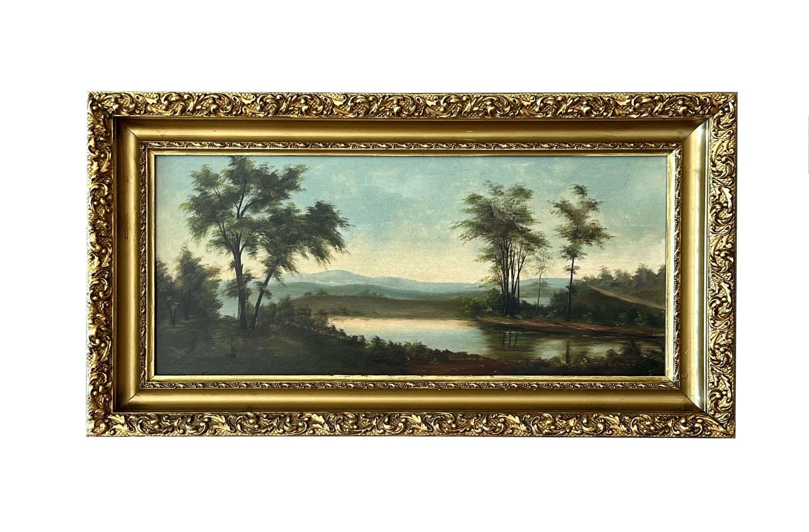 Samuel Colman (1832 - 1920) American: Samuel Colman (1832 - 1920) American Oil on Board Measure 8 1/2"in H x 18 1/2"in W and 11 1/2"in H x 21 3/4"in W with frame Known for: Landscape, animal, genre and botanical painting Name variants: Sa