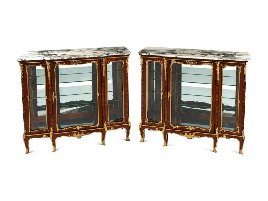 Pair of Louis XV Style Gilt Bronze Mounted Kingwood and Rosewood Marble-Top Vitrine Cabinets (1 of 5)