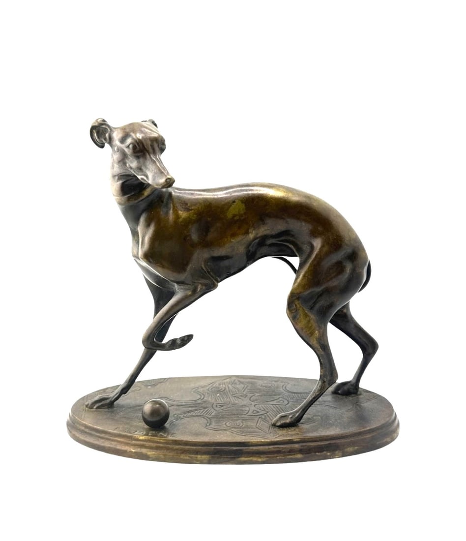 After Pierre Jules (P.J.) Mene (1810 - 1879) France: After Pierre Jules (P.J.) Mene (1810 - 1879) France Title: Greyhound with a ball Bronze Measure 5 1/2"in H x 6 1/4"in W x 3 1/4"in D