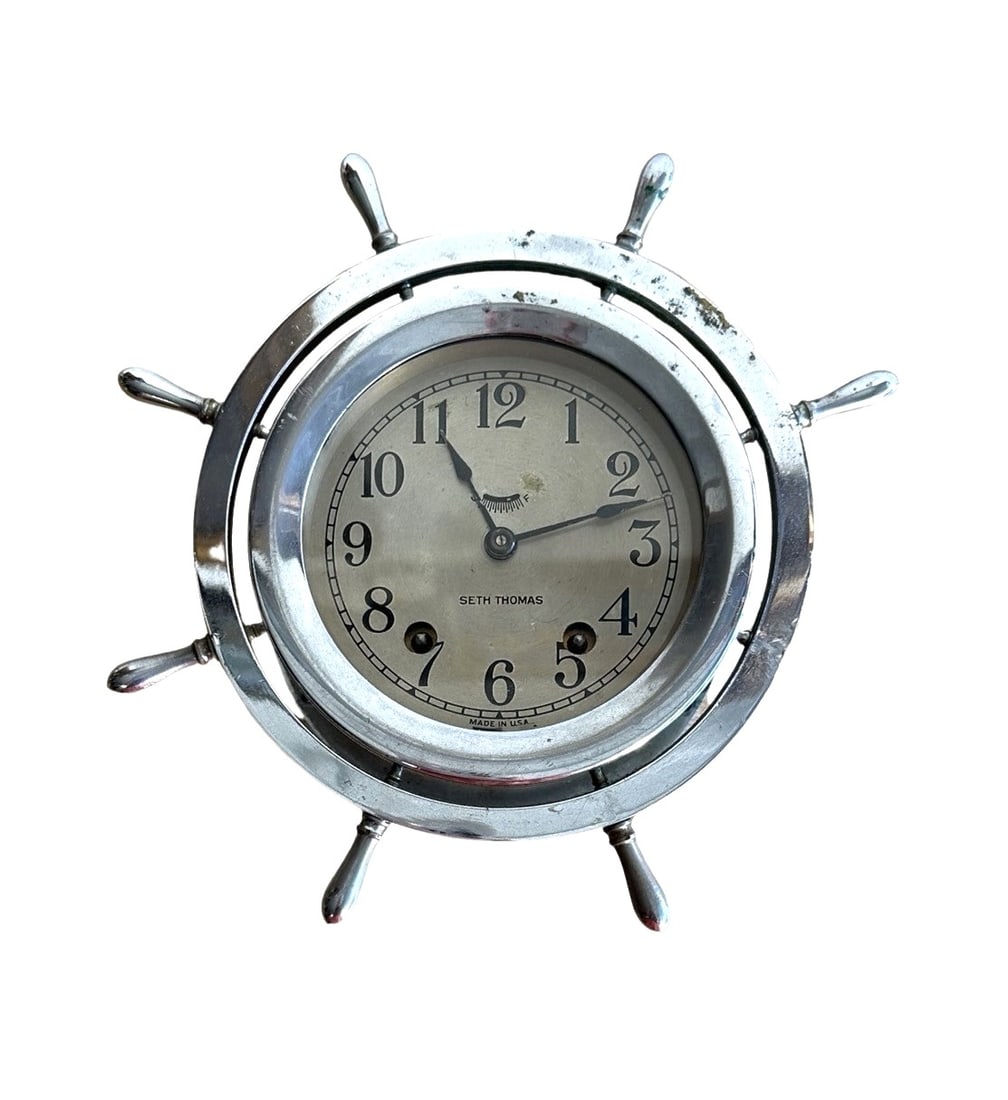 Vintage Seth Thomas Mayflower 3 Brass Ships Wheel Clock (1 of 2)