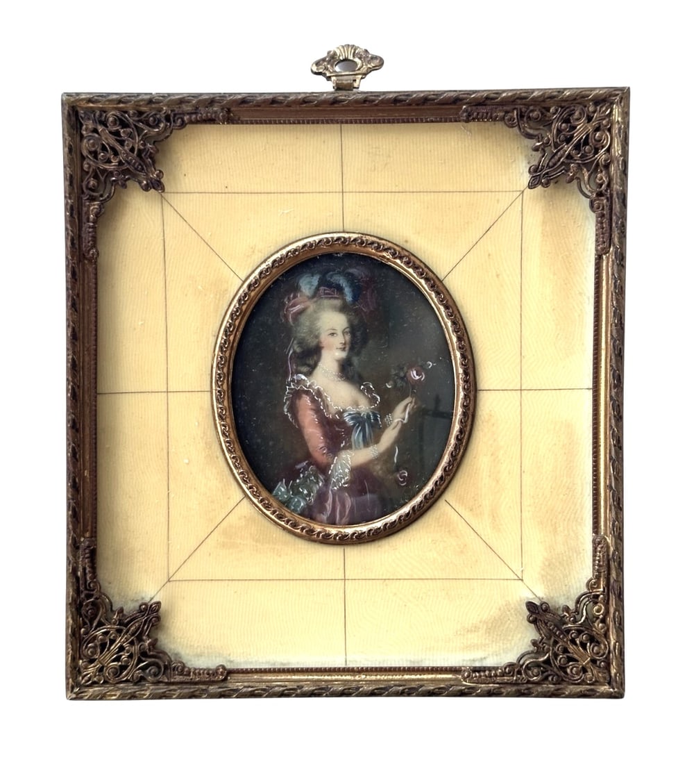 Antique French Hand Painted Miniature Portrait Plaque of Marie Antoinette with her Rose (1 of 2)