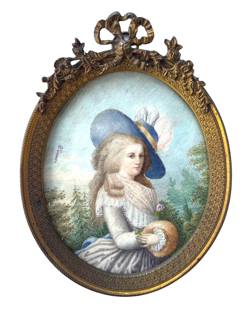 Antique French Hand Painted Miniature Portrait Plaque by S Lecroi (1 of 2)