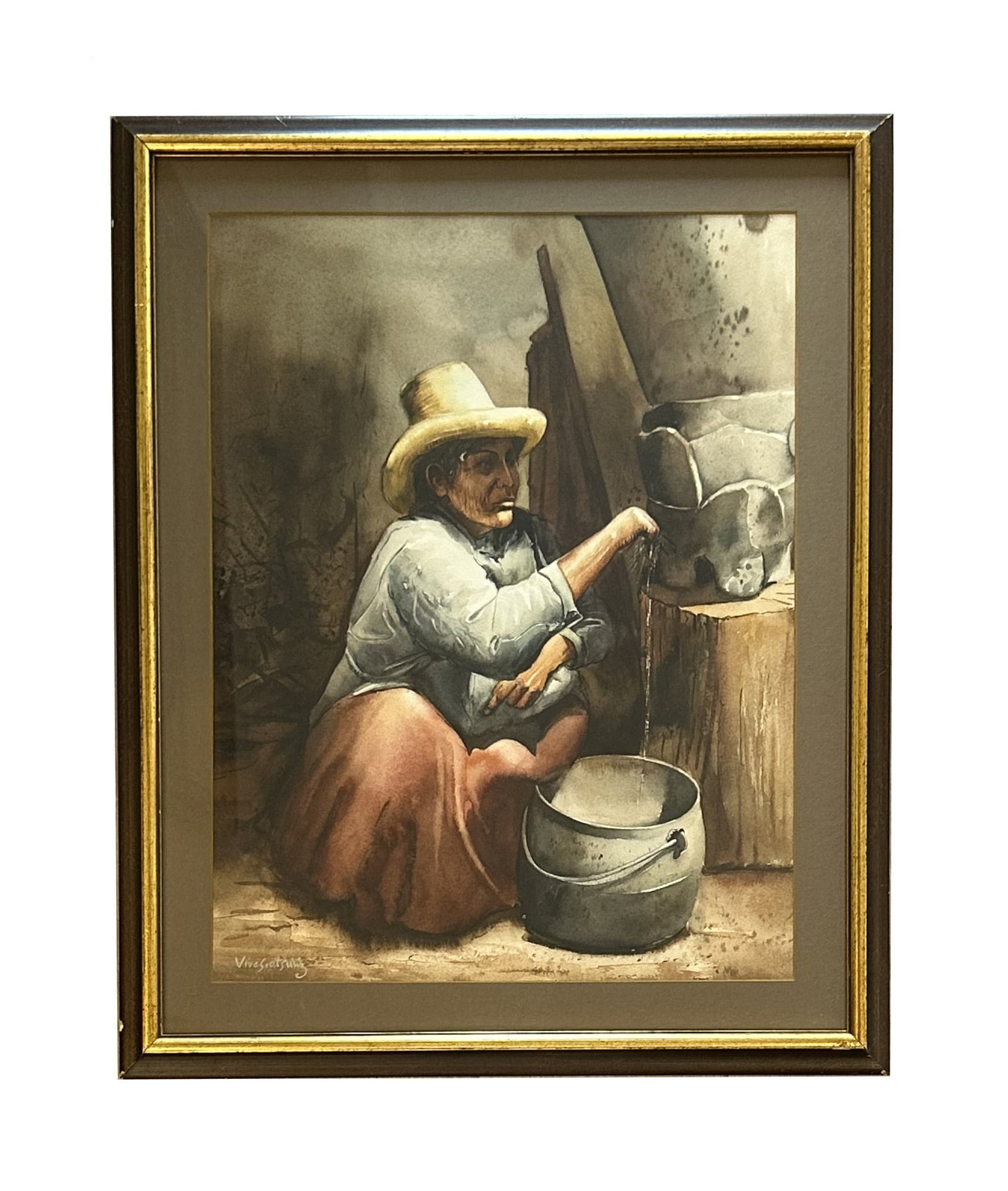 Jose Vives-Atsara (1919 - 2004) Spain: Jose Vives-Atsara (1919 - 2004) Spain Watercolor on Paper Measure 17 3/4"in H x 13 1/2"in W and 22 1/2"in H x 18 1/4"in W with frame Known for: Mexican figure, landscape and floral paintings, teaching