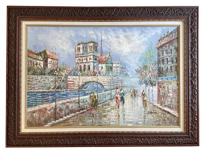 Original French Impressionist Paris Street Scene Painting by Davis: Original French Impressionist Paris Street Scene Painting by Davis Measure 24"in H x 36"in W and 33 1/4"in H x 45 1/4"in W with frame