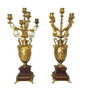 Pair of Gilt Bronze and Marble Ferdinand Barbedienne Candelabras: Pair of Gilt Bronze and Marble Ferdinand Barbedienne Candelabras Measure 22"in H x 5 1/2"in W x 5 1/2"in D