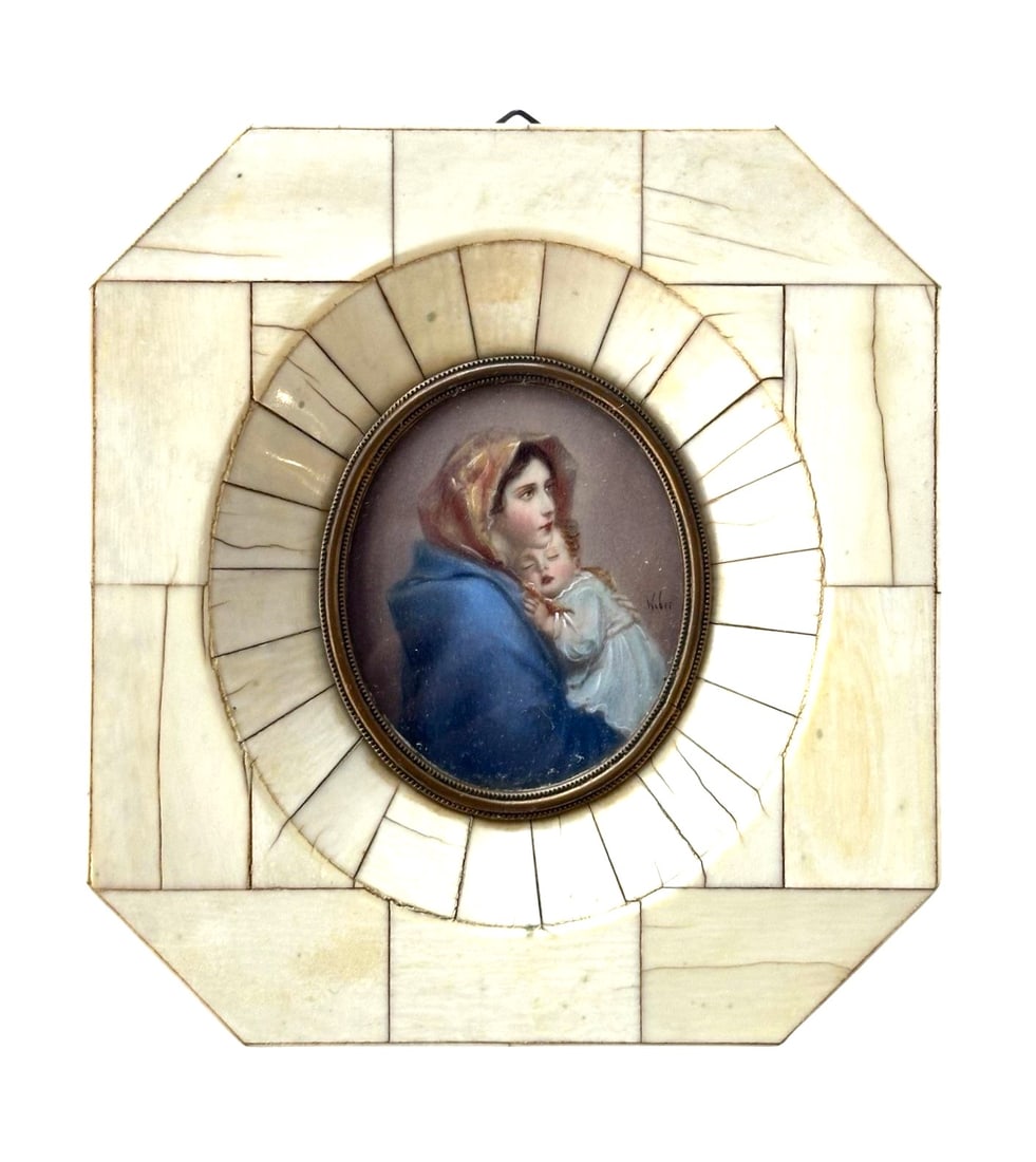 Antique Religious Madonna and Child Hand Painted Miniature Portrait Plaque Signed by Weber (1 of 3)