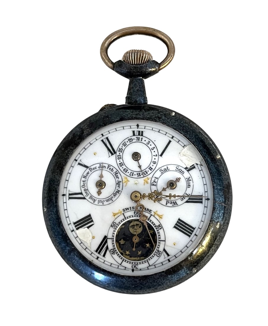 Antique Triple Calendar Moon Phase Goliath Pocket Watch (1 of 6)