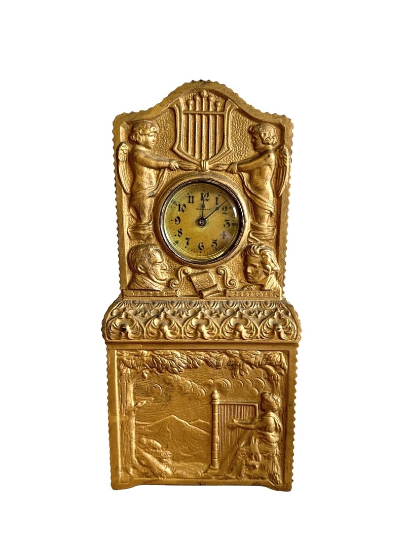 Antique Harmony Wagner Bethoven Cast Iron Case Cherub Clock Pat Pend (1 of 8)