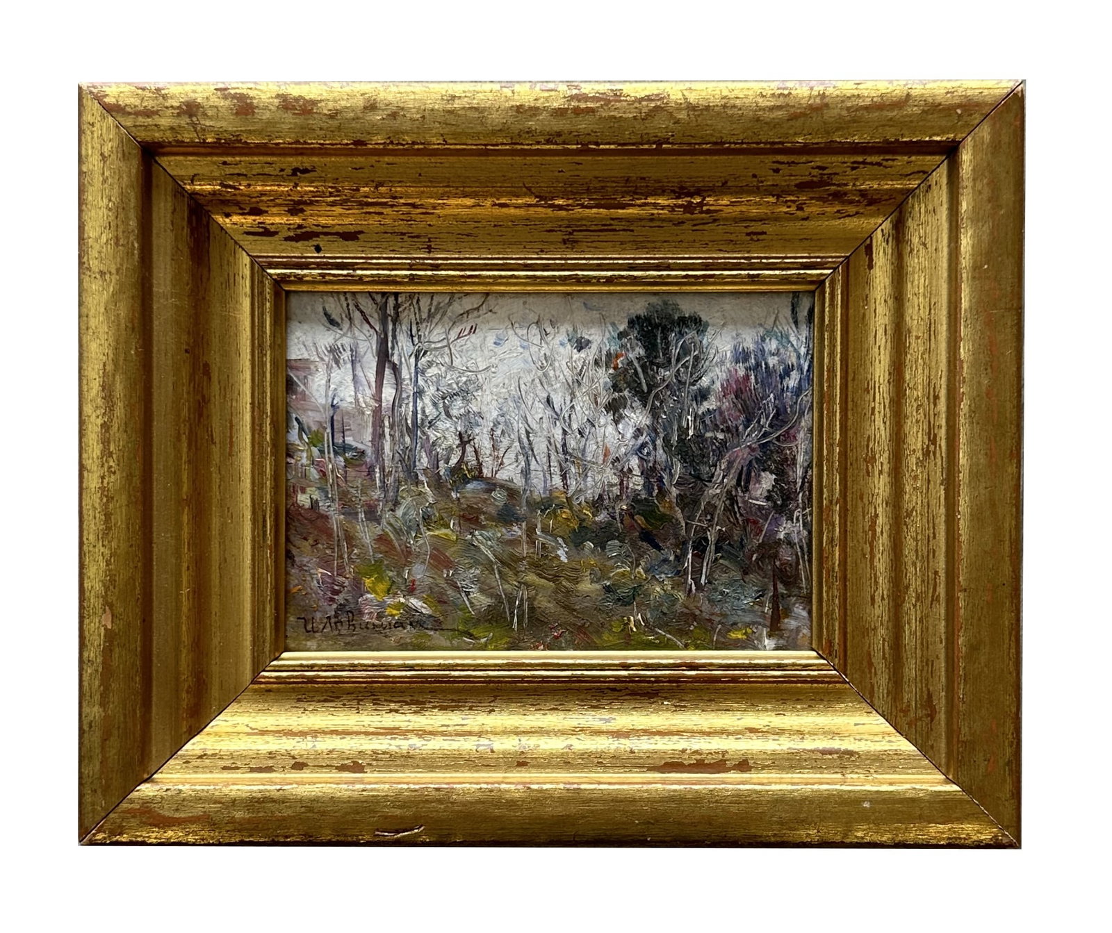 Isaac Ilyitch Levitan (1860 - 1900) Lithuania: Isaac Ilyitch Levitan (1860 - 1900) Lithuania Oil on Cardboard Measure 4 1/4"in H x 6 1/4"in W and 7 3/4"in H x 9 1/2"in W with frame Known for: Landscape and waterscape painting-snowscenes Name varia