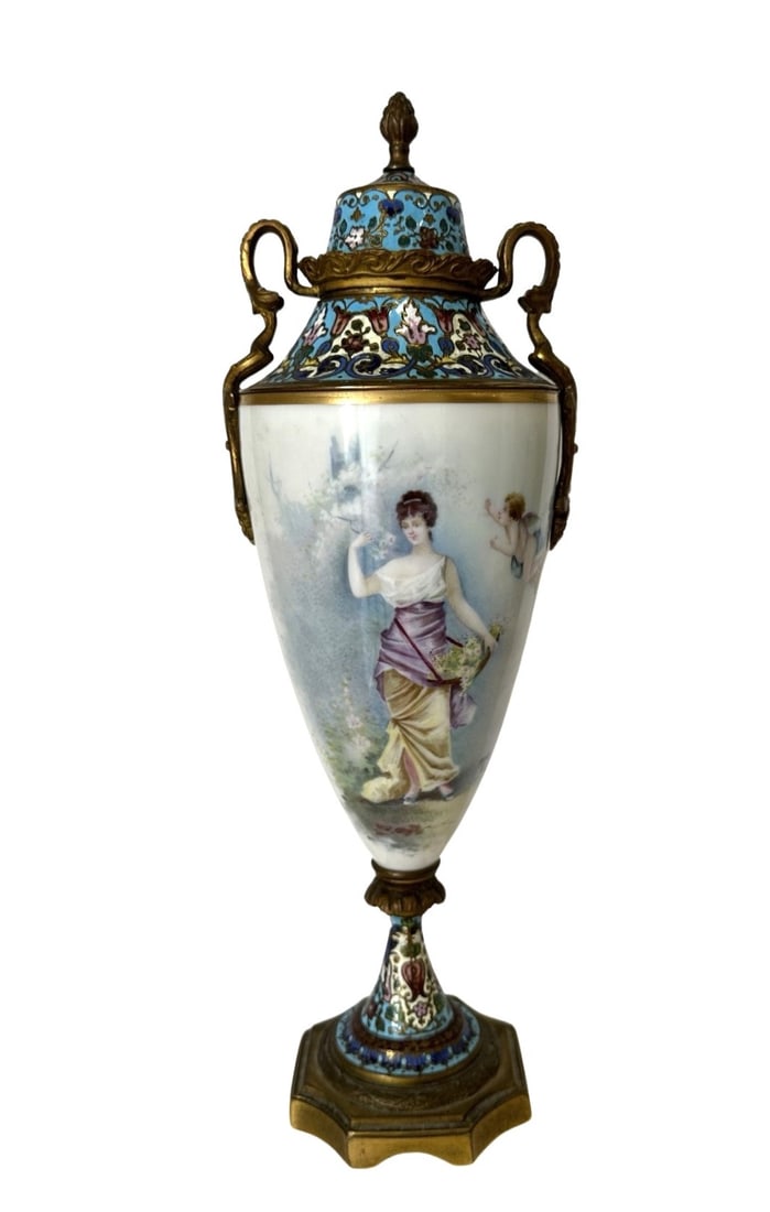 Antique French Hand Painted Porcelain and Champleve Sevres Vase (1 of 9)
