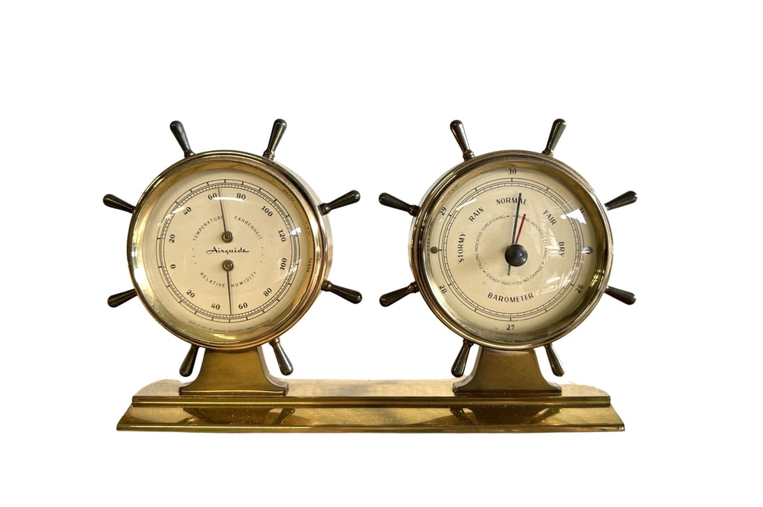 Airguide Brass Ship Wheel Boat Marine Weather Barometer Thermometer Humidity VTG (1 of 4)