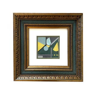 Esphyr Slobodkina (1908 - 2002) Russia: Esphyr Slobodkina (1908 - 2002) Russia Mixed Media on Board Measure 4"in H x 4"in W and 12 3/4"in H x 13"in W with frame Known for: Assemblage, geometric abstract painting, illustration Biography: As