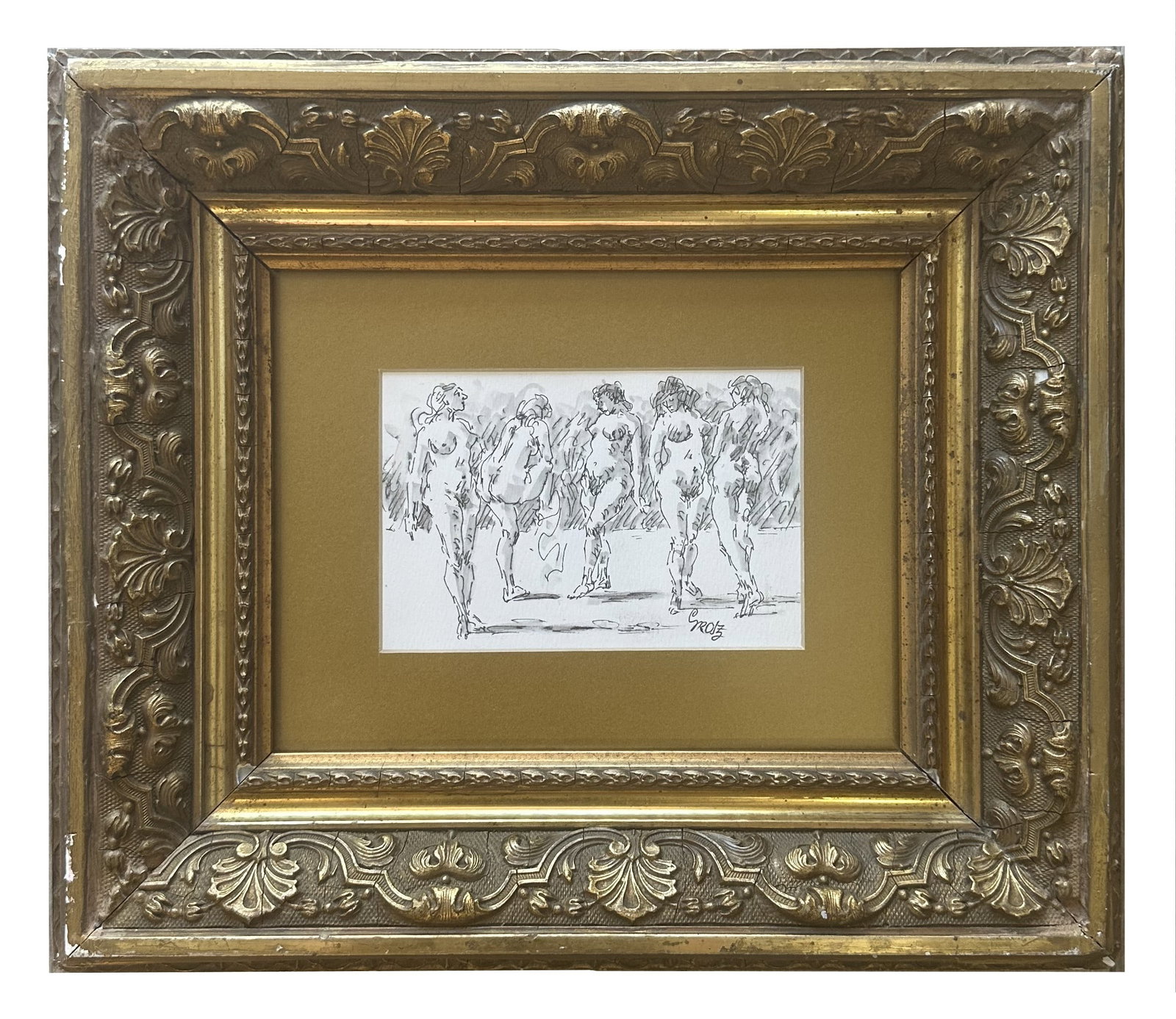 George Ehrenfried Grosz (1891/93 - 1959) Germany: George Ehrenfried Grosz (1891/93 - 1959) Germany Ink on Paper Measure 4"in H x 5 3/4"in W and 12 1/2"in H x 14"in W with frame Known for: Political satire and caricature, Dada expression, educator Nam