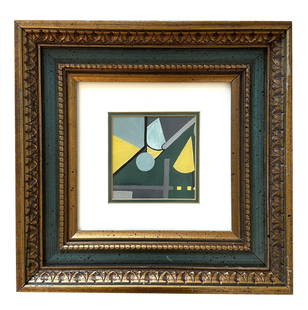 Esphyr Slobodkina (1908 - 2002) Russia: Esphyr Slobodkina (1908 - 2002) Russia Mixed Media on Board Measure 4"in H x 4"in W and 12 3/4"in H x 13"in W with frame Known for: Assemblage, geometric abstract painting, illustration Biography: As