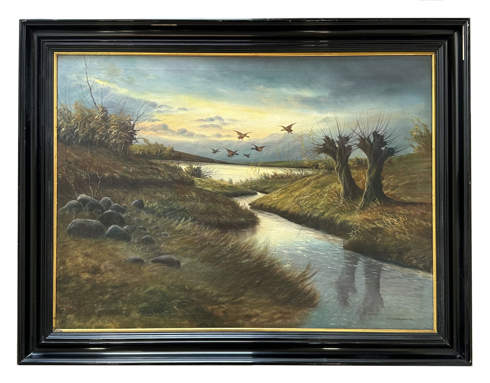 Harry Curieux Adamson (1916 - 2012) American: Harry Curieux Adamson (1916 - 2012) American Oil on Canvas Measure 25 1/4"in H x 34"in W and 30"in H x 39 1/2"in W with frame Known for: Wildlife, waterfowl, landscape and animal painting Biography: F