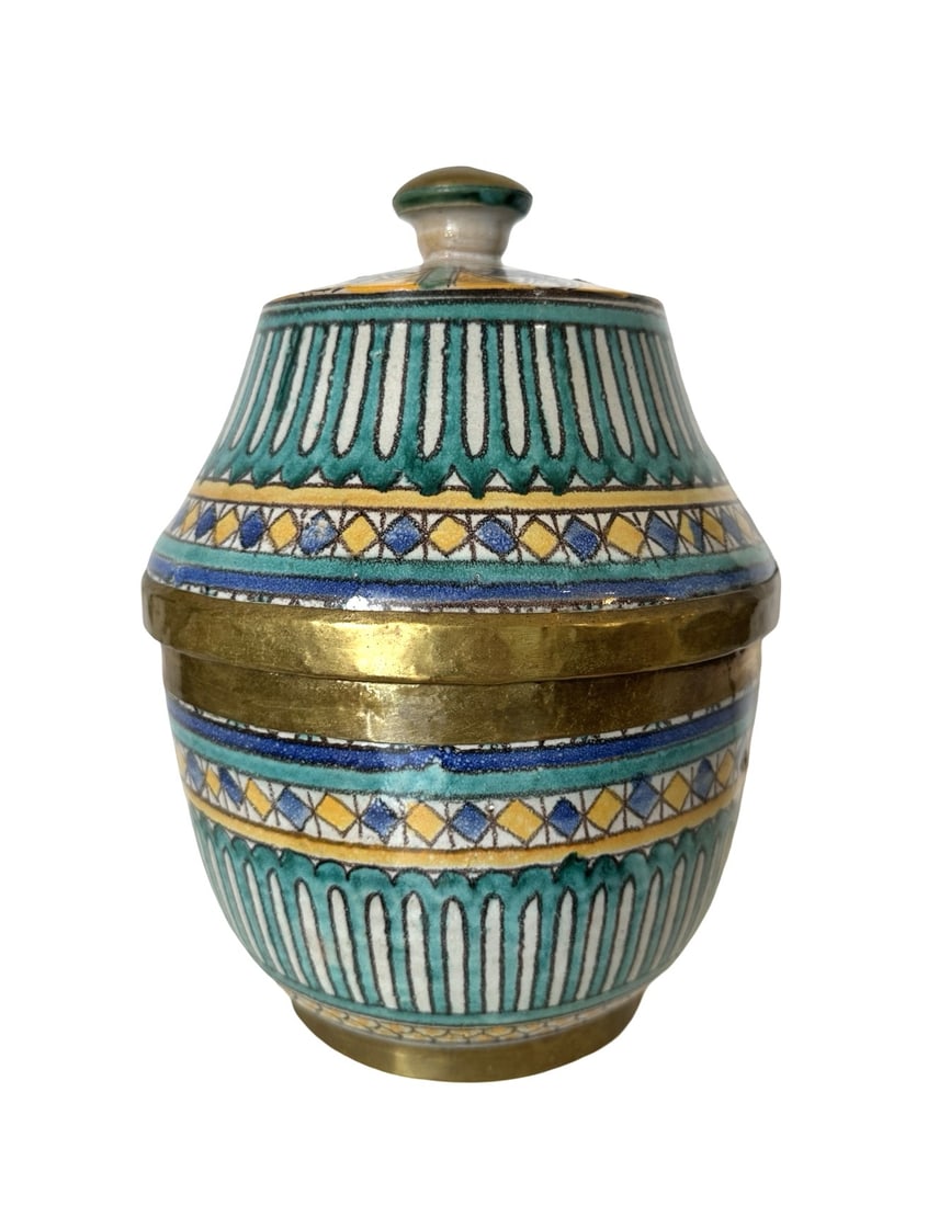 Antique Handcrafted Ceramic Glazed Covered Jar in Fez Morocco (1 of 5)