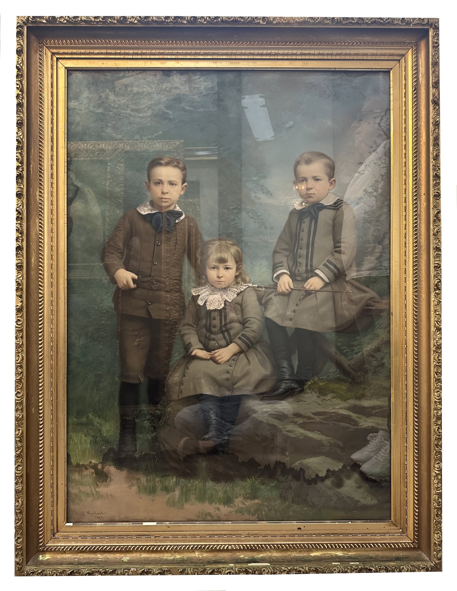 Palatial 19th Century Pastel of a Portrait of Brothers Signed C Missbach: Palatial 19th Century Pastel of a Portrait of Brothers Signed C Missbach Pastel on Paper Measure 59"in H x 45"in W with frame
