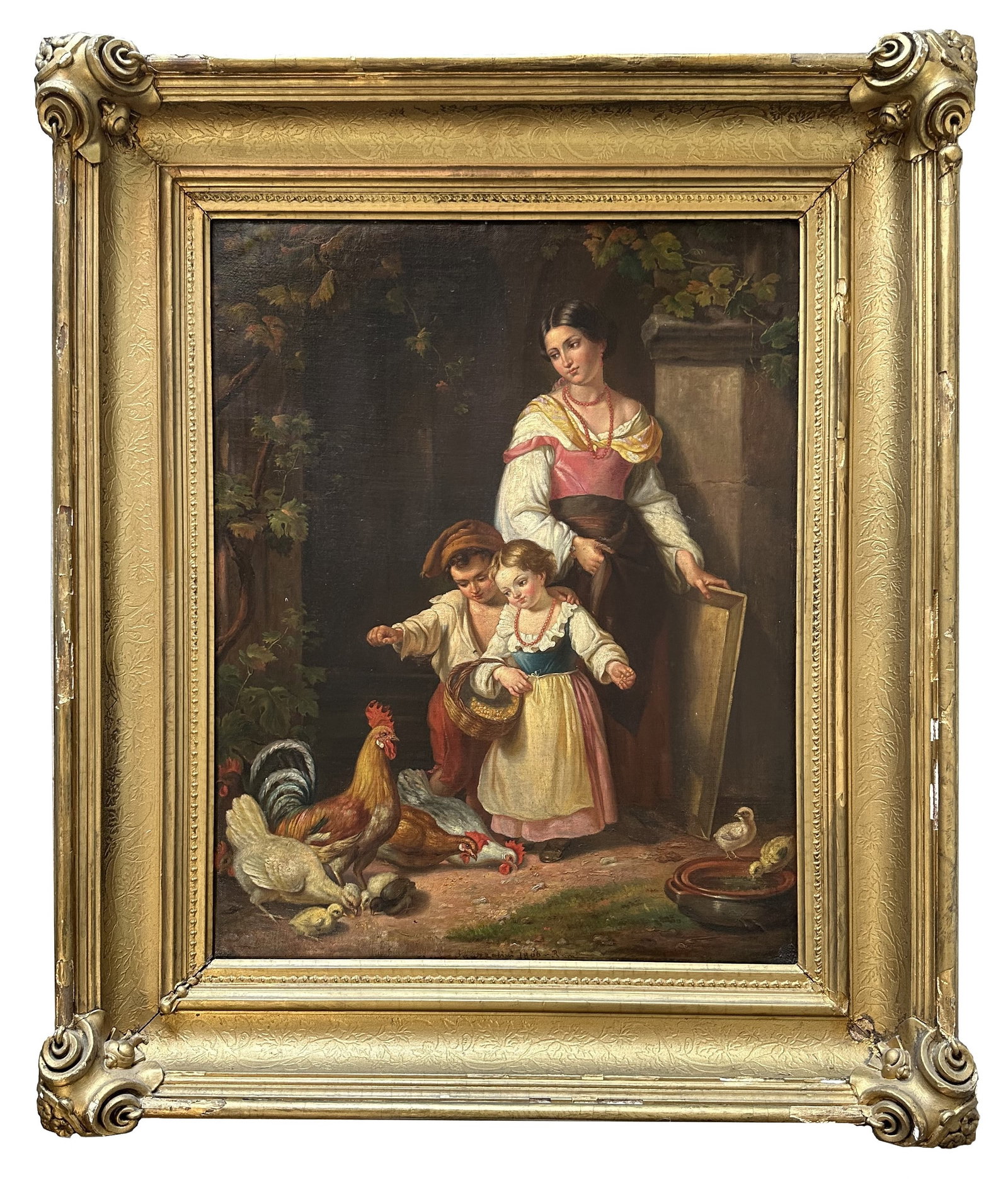 Giuseppe Mazzolini (1806 - 1876) Italy: Giuseppe Mazzolini (1806 - 1876) Italy Oil on Canvas Title: Genre Scene, Mother with children feeding chickens Measure 25"in H x 20"in W and 34"in H x 29"in W with frame Known for: Portrait and Old Ma
