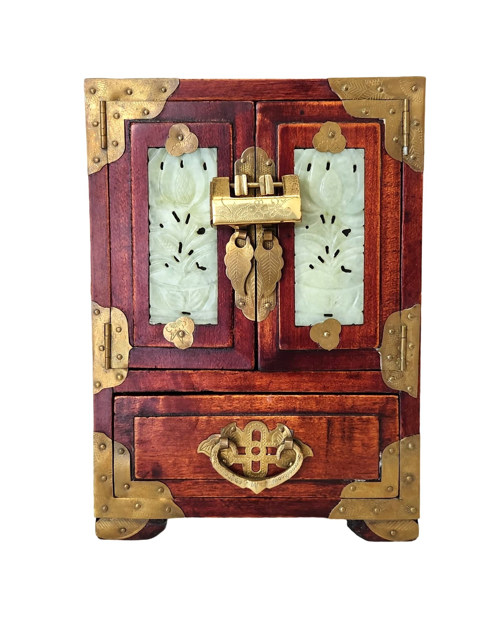 Antique Large Chinese Rosewood Jewelry Chest Trunk Box with Brass & Jade Inlay (1 of 16)