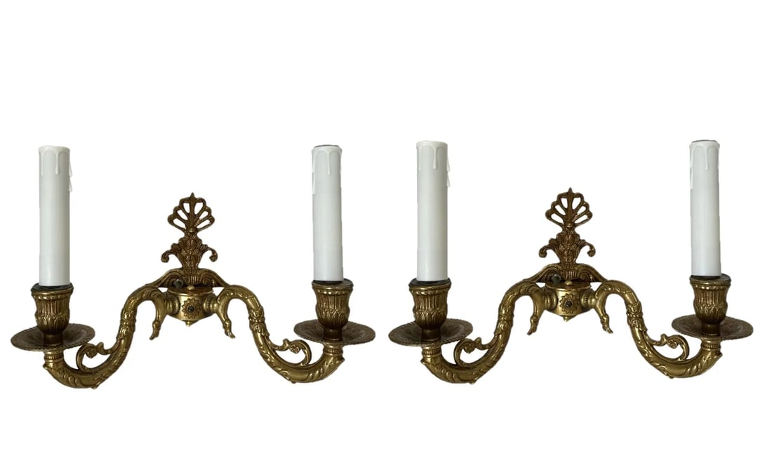Antique Brass Pair Double Arm Sconces Victorian Fancy Restore (1 of 5)
