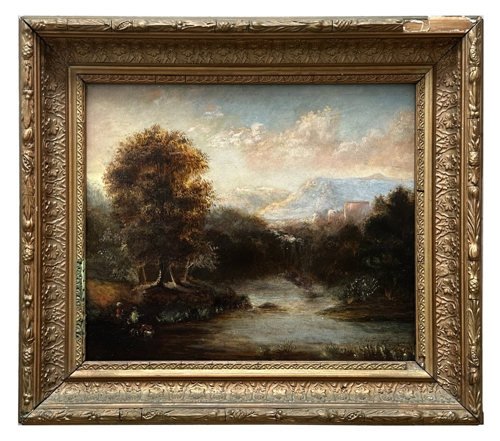 Jules Dupre (1811 - 1889) France: Jules Dupre (1811 - 1889) France Oil on Cardboard Measure 10 3/4"in H x 13"in W and 14 3/4"in H x 17"in W x 2"in D with frame Known for: Barbizon style landscape painting Biogrraphy: Jules Dupre was b