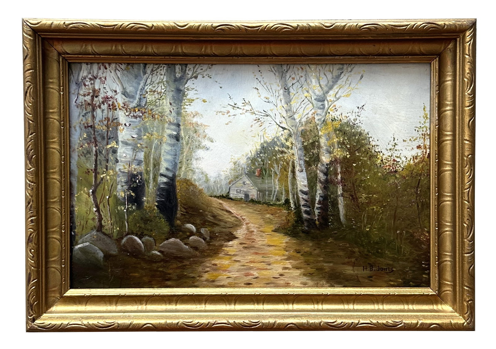 Hugh Bolton Jones (1848 - 1927) American: Hugh Bolton Jones (1848 - 1927) American Oil on Cardboard Measure 7"in H x 11"in W and 9"in H x 12 3/4"in W with frame Known for: Pastoral landscape, genre and coastal painting, woodcarving Name varia