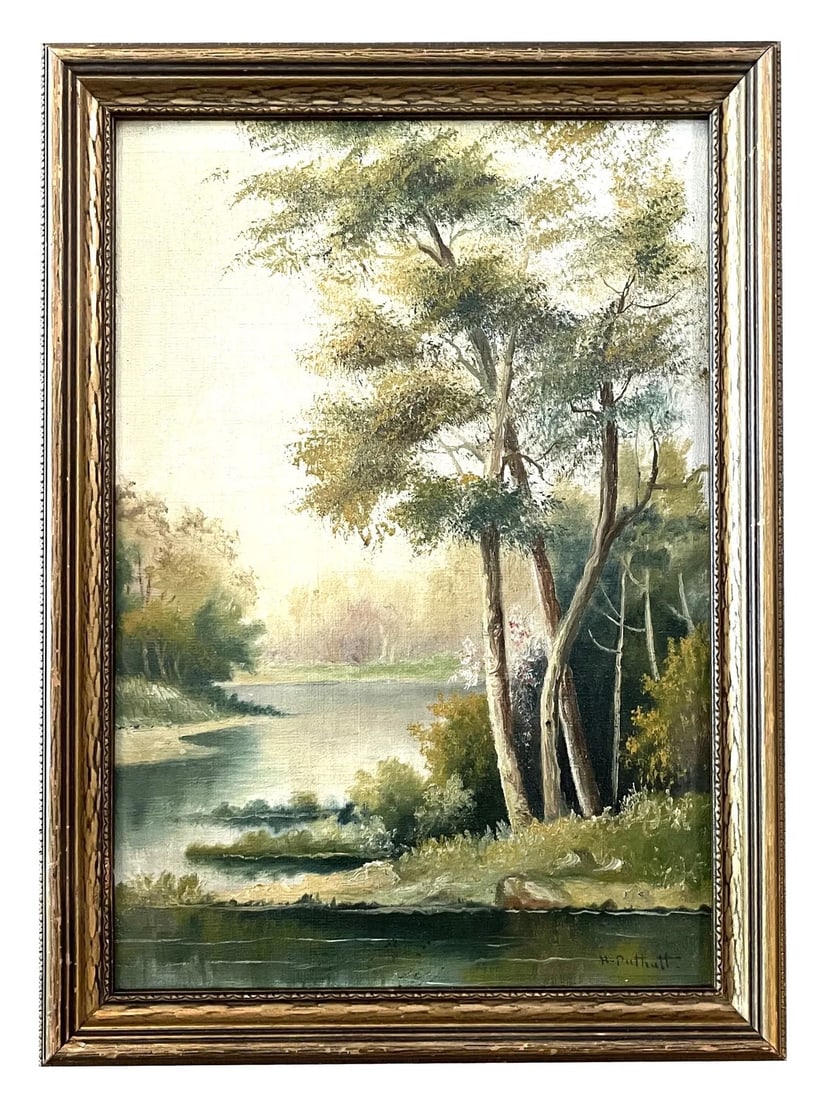 Hanson Duvall Puthuff (1875 - 1972) American: Hanson Duvall Puthuff (1875 - 1972) American Oil on Board Measure 13"in H x 9"in W and 14 1/2"in H x 10 1/2"in W with frame Known for: Desert landscape, portrait and mural painting Biography: Hanson P