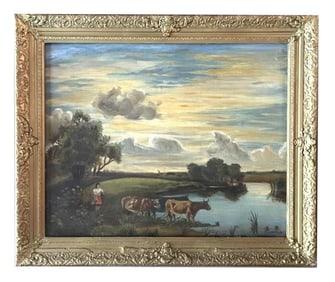 20th Century Grazing Cows Painting