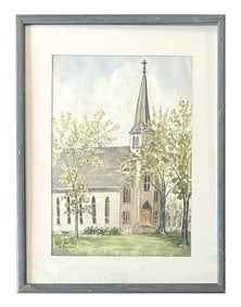 American 20th Century Landscape with Church Painting by J Lawrence