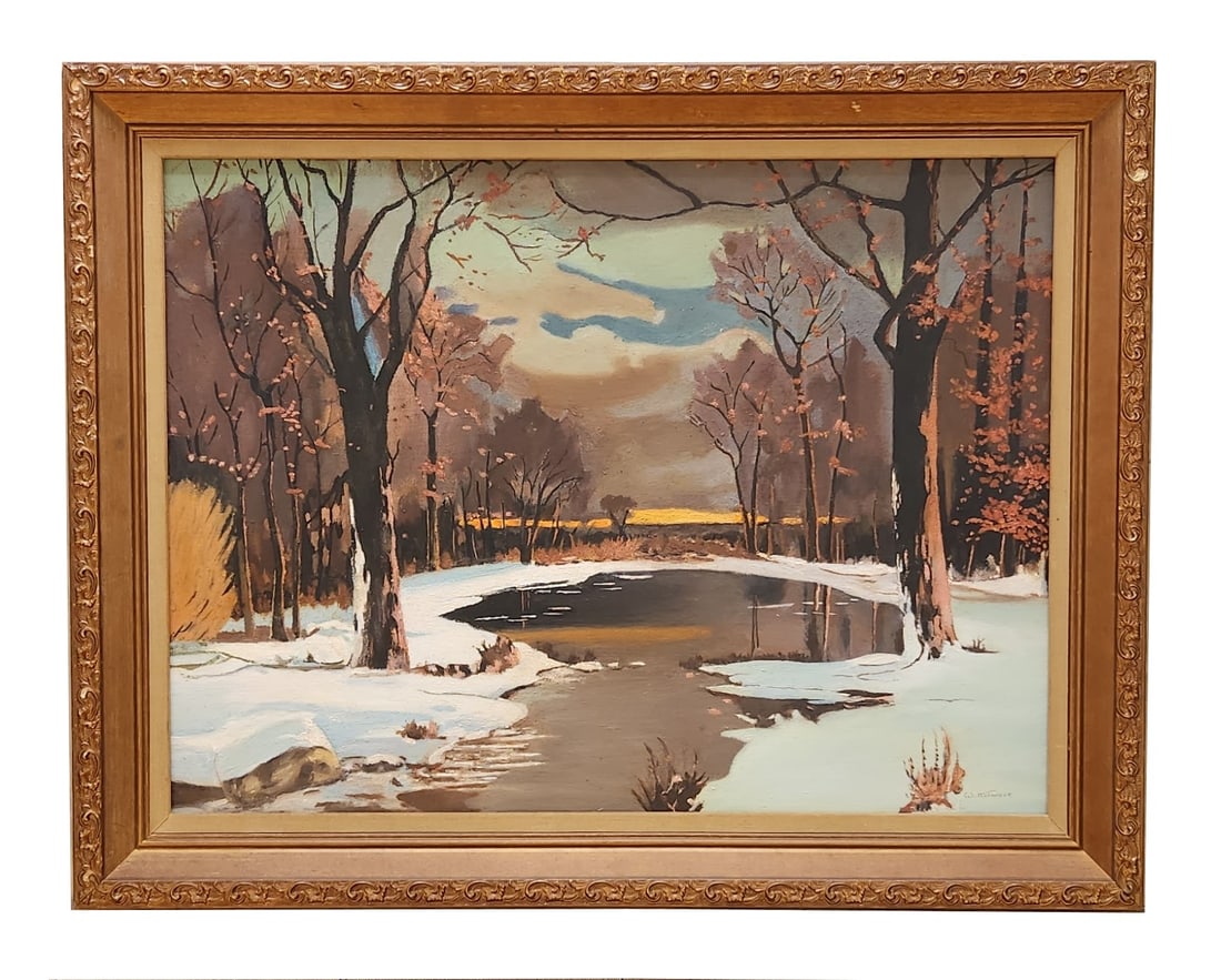 Walter Koeniger (1881 - 1943) Germany: Walter Koeniger (1881 - 1943) Germany Oil on Masonite Measure 17 1/2"in H x 23 1/2"in W and 22"in H x 28 1/4"in W x 1 1/2"in D with frame Known for: Snowscene painting Biography: Known for his paintin