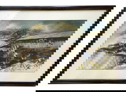 Eric Sloane (1905/10 - 1985) American: Eric Sloane (1905/10 - 1985) American Watercolor on Paper Measure 12"in H x 20"in W and 18 3/4"in H x 26 3/4"in W with frame Known for: Rural landscape painting, book illustration Name variants: Evera