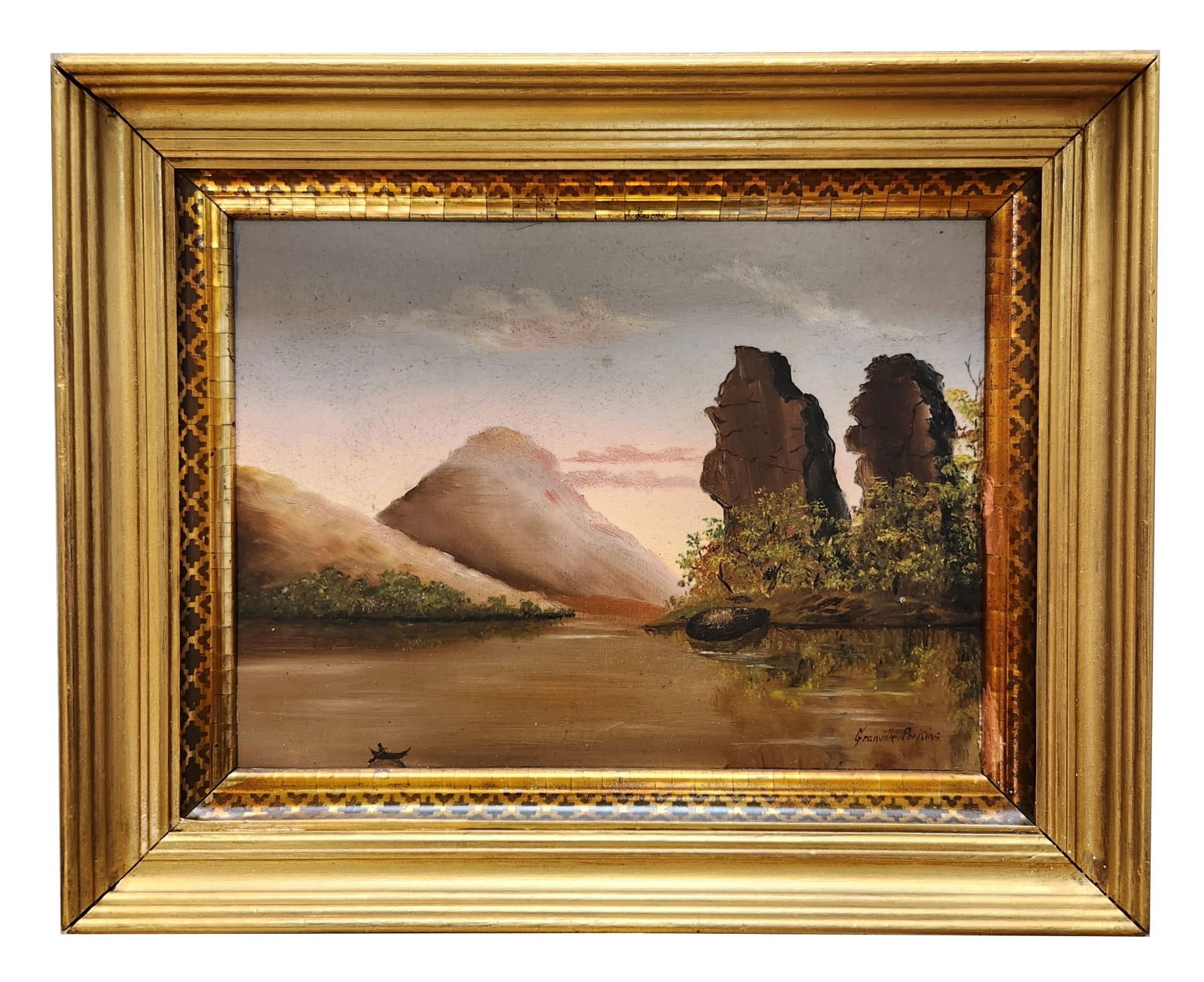 Granville Perkins (1830 - 1895) American: Granville Perkins (1830 - 1895) American Oil on Board Measure 8 1/2"in H x 11 1/2"in W and 13"in H x 16 1/4"in W x 1 3/4"in D with frame Known for: Harbor, marine, landscape, illustrator Biography: