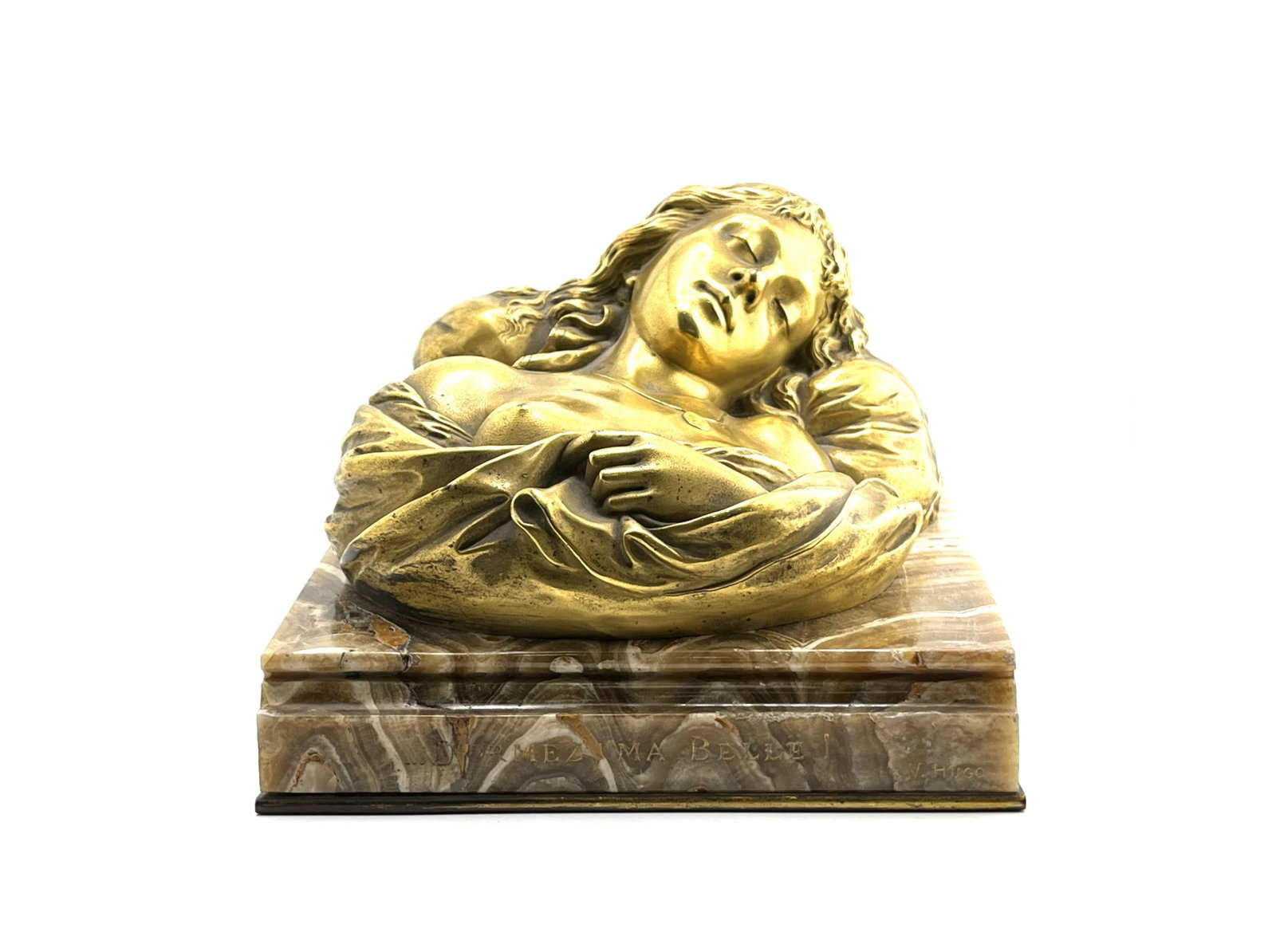 Henri Lepind (fl. 1880) France: Henri Lepind (fl. 1880) France An antique French bronze of a sleeping beauty with gilt finish set onto an onyx base signed " Lepind" for sculptor Henri Lepind, French, circa 1880-1900.The onyx base in