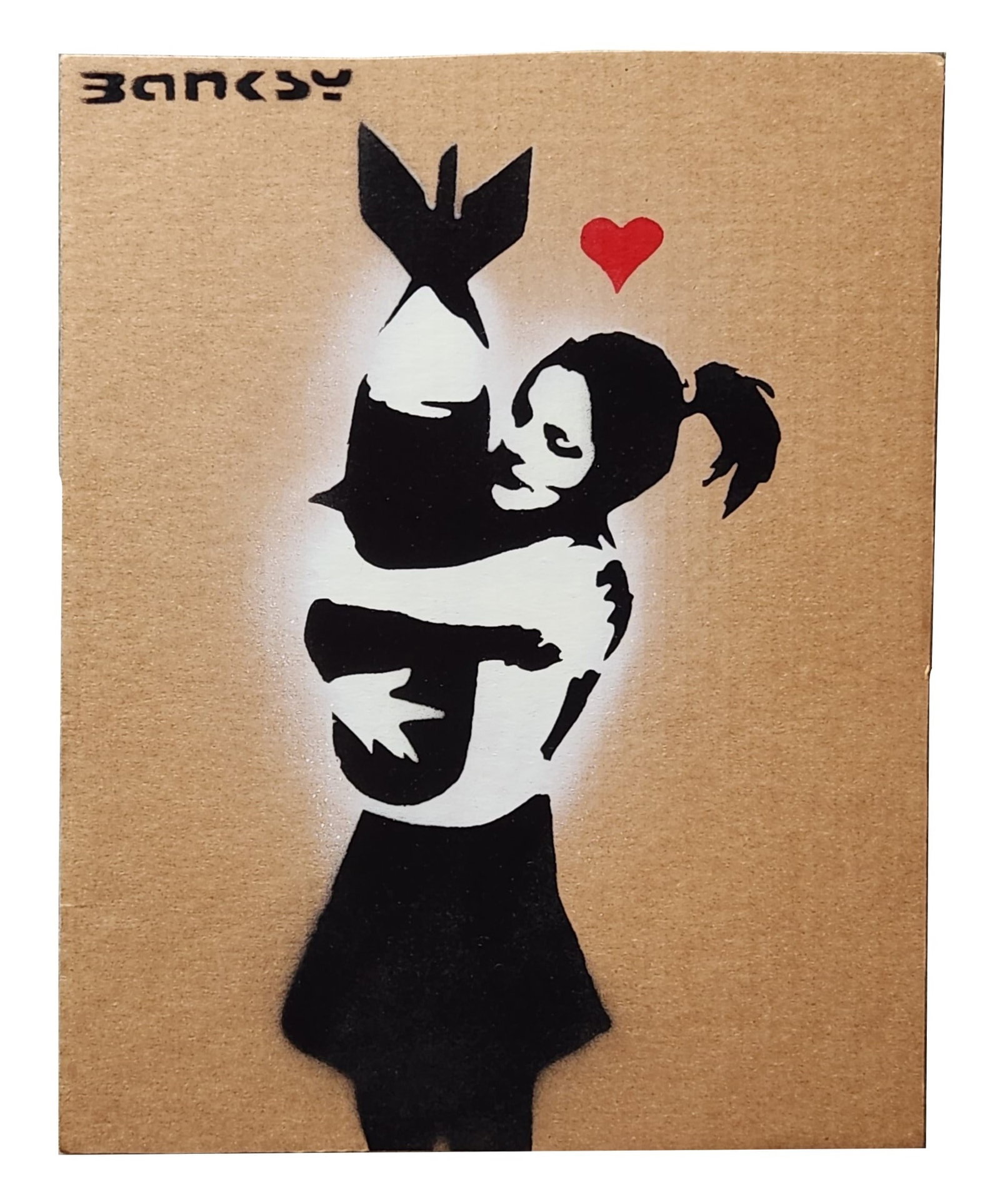 Banksy (Born 1974) England: Banksy (Born 1974) England Title: Bomb Hugger Spray Paint on CardBoard Measure 17"in H x 13 1/2"in W Known for: Graffiti art with political themes Biography: A prolific British graffiti artist, politi